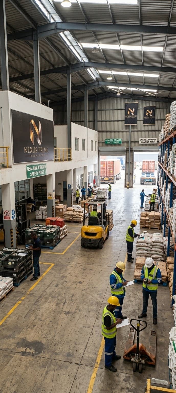 Palletised cargo and floor crew inside the warehouse